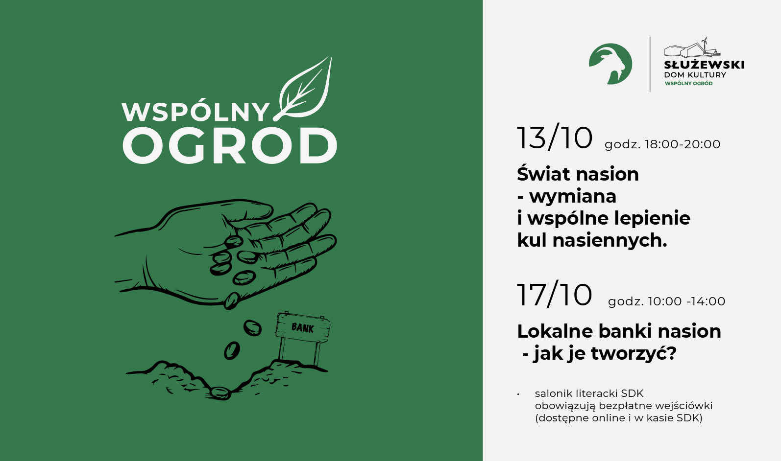 Grafika to baner promujący wydarzenie. Zawiera obrazek, rysunek ręki wsypującej nasiona do gleby, oraz informacje zawarte w artykule poniżej.