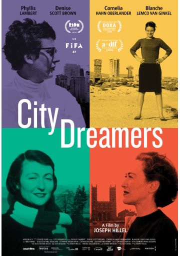 Oficjalny plakat do filmu: pionowa powierzchnia podzielona na cztery równe prostokąty (dwa na górze i dwa na dole) w różnych kolorach.  W każdym z prostokątów zdjęcie jednej z bohaterek filmu opracowane graficznie w czerni. Centralnie napis "City Dreamers". Na samym dole, drobnym drukiem informacje dot. twórców filmu podane w artykule. 