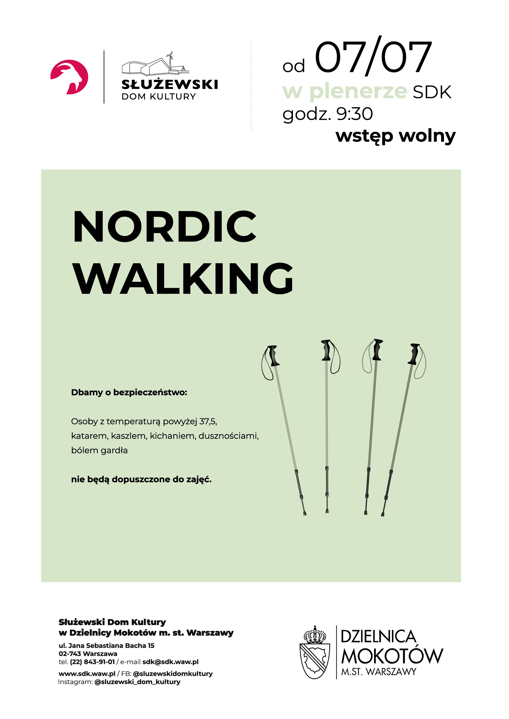 Na plakacie na zielonym tle ilustracje kijków do Nordic Walking. Oprócz ilustracji na plakacie znajdują się informacje dotyczące daty i godziny spotkania, dostępne w treści artykułu.